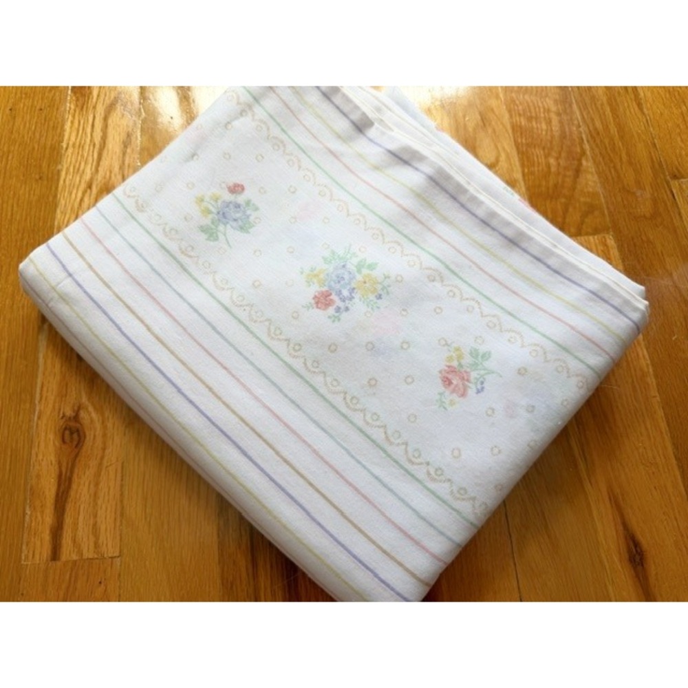 Vintage Full Size Flat sheet with pastel stripe and floral